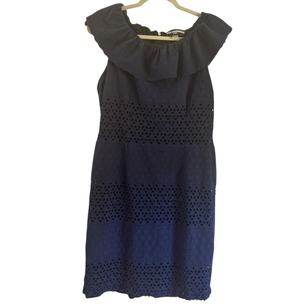 Karl Lagerfeld Paris Navy Off-Shoulder Eyelet Dress SZ 12 Ruffle Neck Cotton Mid - Picture 3 of 8